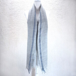 Ahujasons Open Scarf Merino Wool Gray Blue Stripe Tassels 26"x75" Winter Soft
